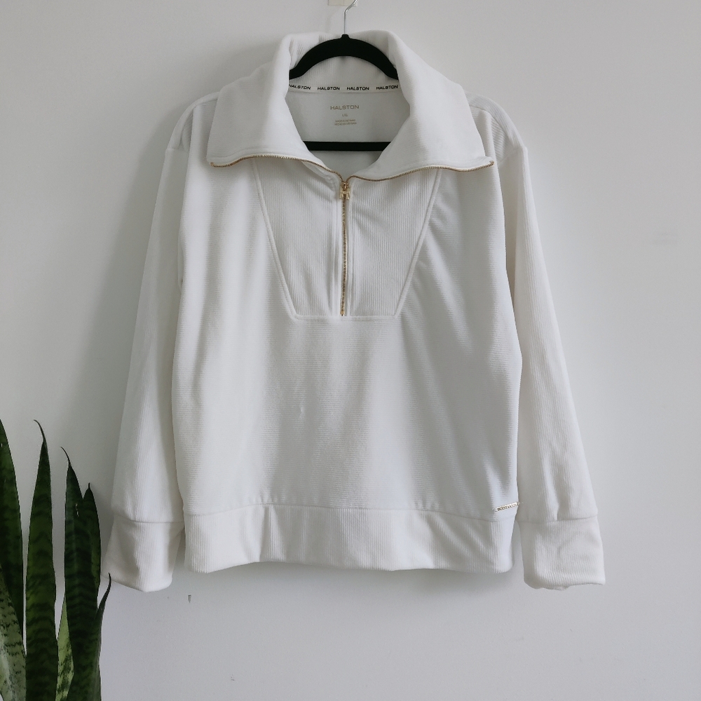 Halston Women’s Velour Quarter-Zip Pullover Cream Soft Luxe Lounge Size L